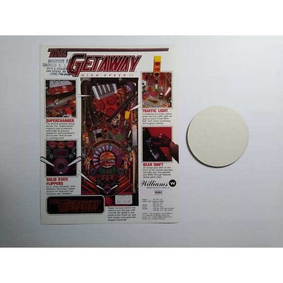 The Getaway Pinball FLYER + Plastic Promo Drink COASTER Original NOS - Picture 2 of 4